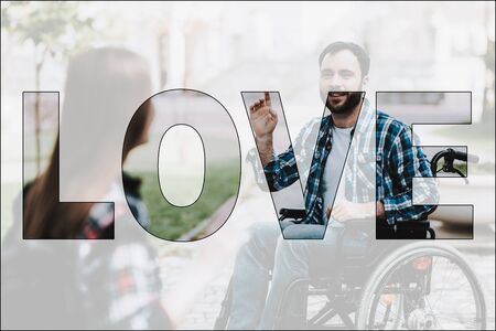 Collage Man and Woman on Wheelchairs. Love Concept. Young Handsome Man with Disability broat Flowers for Beautiful Disabled Girl. Young Couple on Romantic Date Outdoors. Meeting new Peopleの写真素材