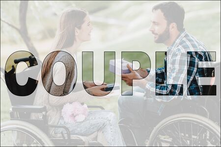 Collage Happy Disabled Couple on Date in Park. Young Disabled Couple on Romantic Date in Park....