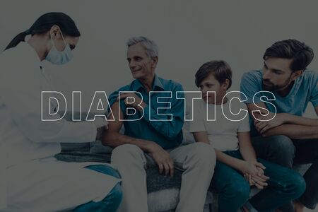 Qualified Doctor Injects Insulin To Elderly Man. Diabetics Concept. Skilled Endocrinologist. Sugar Level. Father Son And Grandson. Professional Physician. Happy Family. Queue For Treatment.の写真素材