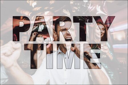 Collage Party Time Guy Singing in Karaoke Club. Closeup Man in White Shirt. Expressive Person Holding Microphone.の写真素材