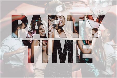 Collage Party Time Woman Singing in Nightclub. Pretty Girl in Stylish Black Outfit. Alcoholic Cocktails and Shiny Balloons. Luxury Entertainment in Karaoke Club. Clubbing Leisure Conceptの写真素材