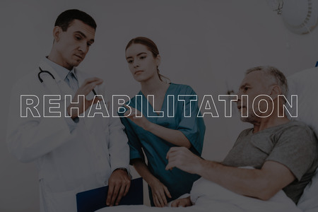 Collage Doctor Give Man Pills in Hospital Room. Doctor Talks to Patient. Old Person Lying in Bed. Medicine and Tablets Taking. Health Examination in Clinic. Healthcare and Rehabilitation Conceptの写真素材