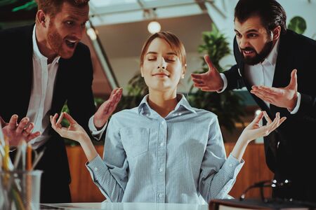 Sport Lifestyle. Healthcare of Business People.Yoga Practice. Employee Practicing on Chair in Office. Worker Sit in Lotus Pose. Woman is Meditating. Person Relax. Woman Keeps Calm. Zen Time.の写真素材