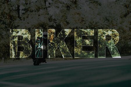 Collage Male Biker Riding Shiny Black Motorcycle. Man wearing Leather Jacket Gloves and Helmet on...