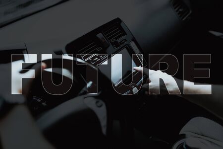 Future Technology Collage Modern Electric Car. Interior of New Beautiful Luxury Car. Futuristic Hybrid Transport. Closeup of Man Using Control Panel on Dashboard of Vehicle.の写真素材