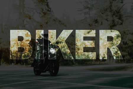 Collage Male Biker Riding Shiny Black Motorcycle. Man wearing Leather Jacket Gloves and Helmet on Motorbike. Muscular Motorcyclist. Elegant Black Motorbike on Street. Summer Tripの写真素材