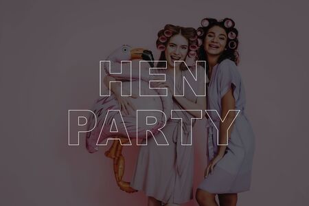 Smiling Girls. Happy Women. Women Spend Good Time. Best Girlfriends. Girls with Curlers. Girls Relax Together.の写真素材