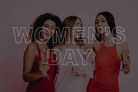 Girls in Dress. Pink Background. Celebrating Women's Day. March 8. Smiling Girls. Surprised Women. Happy Women. Happy Emotions. Women Spend Good Time. Beautiful Women. Drink White Wine.の写真素材