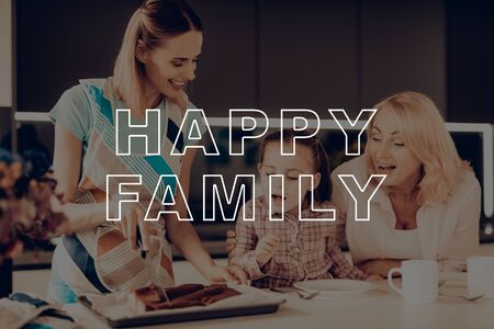 Women with Aromatic Pumpkin Pie. Family Ready to Drink Tea. Family Celebrate Holiday. Women and Girl Spend Time Together. Happy Family in Kitchen. Thanksgiving Day. Women Together at Home.の写真素材