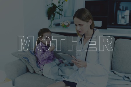 Doctor at the Patient Reception. Girl and Doctor Sitting on Couch.の写真素材