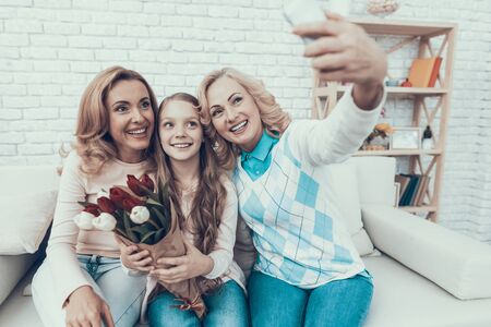 Happy Family Taking Selfie on Daughter's Birthday. Happy Family. Mother with Daughter. Smiling...