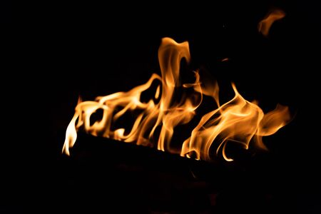Bonfire. Orange flame of a fire. Arson or natural disaster. Bonfire close. Fire in nature. Bonfire background.campfire surrounded.の写真素材