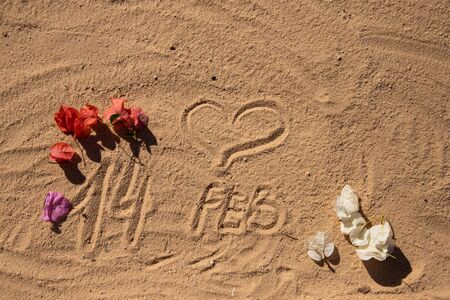 The inscription in the sand on February 14. A heart is drawn and flower buds lieの写真素材