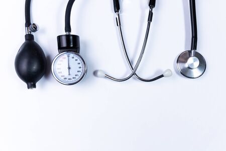 Blood pressure monitor and stethoscope. Medical sphygmomanometer for blood pressure control isolated...