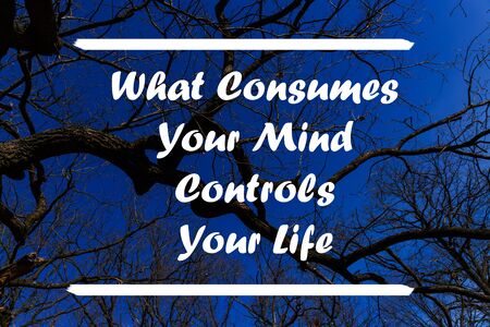 What Consumes Your Mind Controls Your Life written against a blue sky and bare branches....