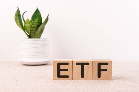 ETF word with building blocks on a light background and a green flowerの写真素材