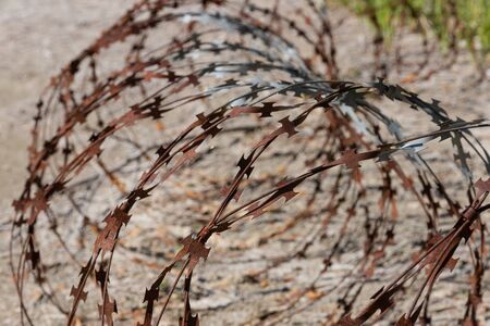 A rusty old barbed wire lies on the ground as a barrier.