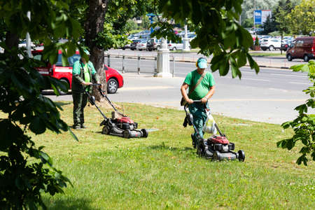 A man mows grass in the city.の写真素材