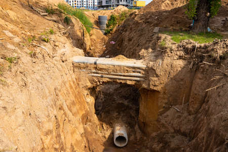 Trench for laying sewer pipes. Construction concept.の写真素材