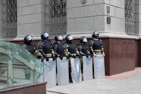 Minsk, Belarus - September 20, 2020: an elite police officer protects the area from protesters.のeditorial素材
