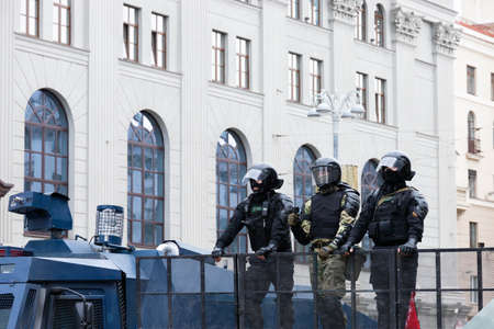 Minsk, Belarus - September 20, 2020: an elite police officer protects the area from protesters.