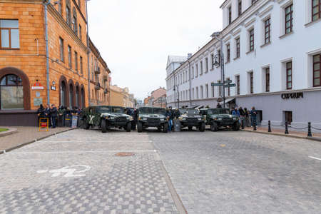 Minsk, Belarus - September 20, 2020: an elite police officer protects the area from protesters.のeditorial素材