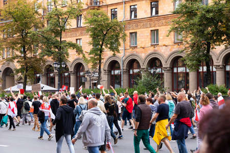 Minsk, Belarus - September 20 2020: Peaceful protests in Belarus. People at a protest in Belarus....
