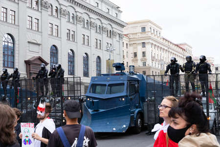 Minsk, Belarus - September 20, 2020: Armored Riot Water Cannon Truck, equipped with crowd control...