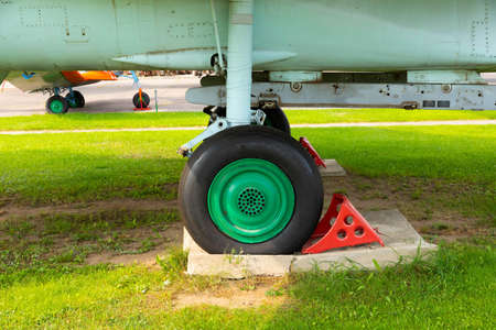 The landing gear of an old military aircraft.