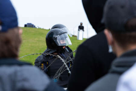 Minsk, Belarus - September 20, 2020: an elite police officer protects the area from protesters.