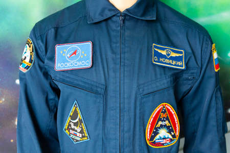 Minsk, Belarus - September 20, 2020: Clothes, uniform of a pilot, cosmonaut with stripes.