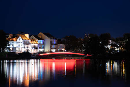 Minsk, Belarus - September 30, 2020: Lights of a night building.のeditorial素材