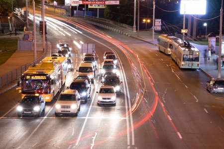 Minsk, Belarus - September 30, 2020: Blurred motion from car headlights. View from above.のeditorial素材
