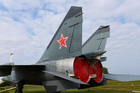 Minsk, Belarus - September 20, 2020: Nozzle of an old Soviet jet engine of a military aircraft. View from the back.のeditorial素材