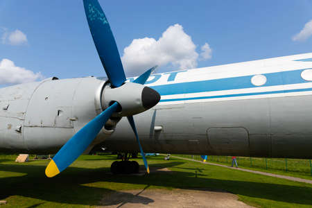 Minsk, Belarus - September 30, 2020: Wing and propellers of a civilian old aircraft.