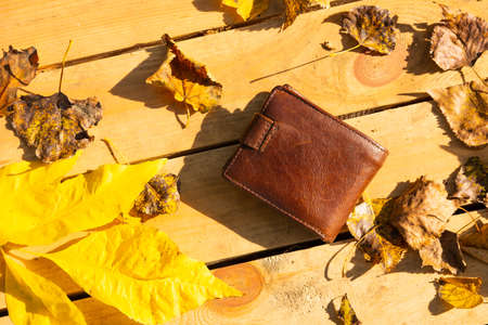 Autumn leaves on a wooden background with copy space