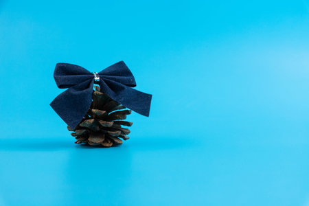 Christmas blue bow with pine cone on blueの写真素材
