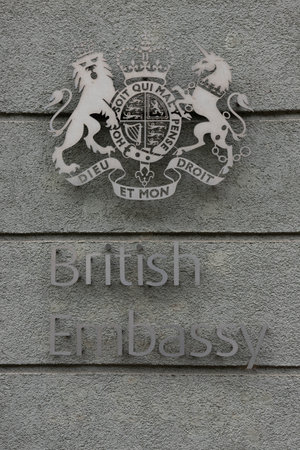 MINSK, BELARUS - OCTOBER 26, 2020: State emblem on the British Embassy.のeditorial素材