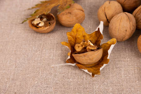 Ripe walnuts in the shell, and autumn leaves on a linen background. selective focus