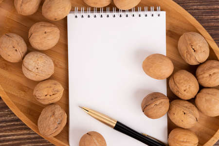 Walnuts and brainstorming, blank notebook on brown background, top view. A copy of the space.の写真素材