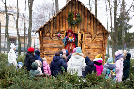 Moscow, Russia - January 2, 2021 an amusement park with wooden fairy-tale houses, a playground with sculptures of fairy-tale characters.のeditorial素材