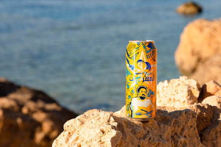 Sharm El Sheikh, Egypt - January 21, 2021: Arabic beer in a metal can, beer can, for tourists...