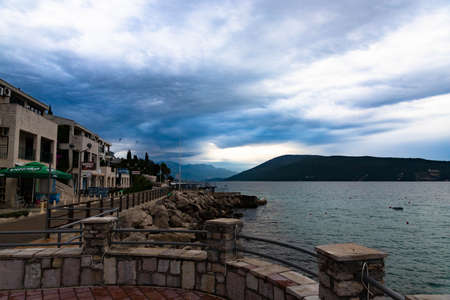 Beautiful view of the mountains in the Bay of Kotor on a sunny morning, Montenegro. Adriatic Sea.の写真素材