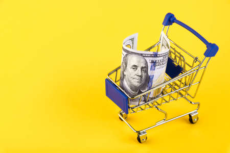 Shopping cart, supermarket trolley with one hundred dollars, on a yellow background. The concept of obtaining a loan. Copy spaceの写真素材
