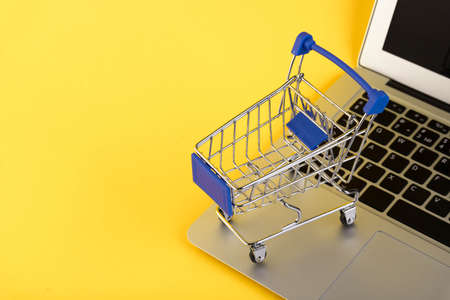 Empty mini shopping trolley, Shopping cart, on a yellow background. RFI Request for information....