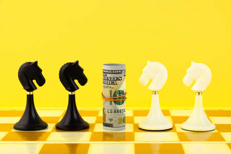 finance concept with dollar bills and chess horseの写真素材