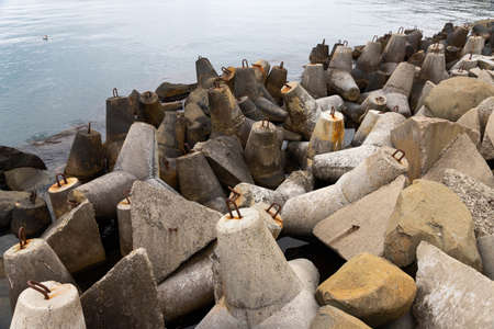 Protective concrete blocks designed to protect the coastline from storms.の写真素材