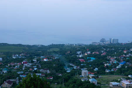 Picturesque mountain European village. View from the top, early in the morning.の写真素材