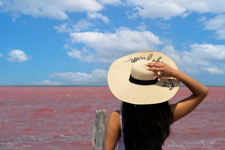 Woman traveler in hat looks at amazing exotic pink salt lake and blue sky. wanderlust travel...