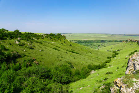 A picturesque view of the green steppe hills, pastures stretching into the distance. High quality photoの写真素材